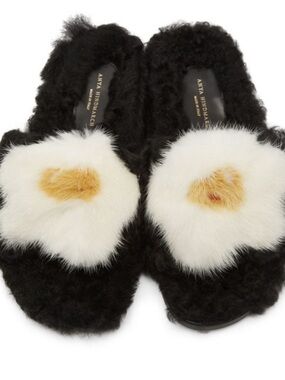 Anya Hindmarch Black Fur Slide Sandals with White & Tan Pom Detail